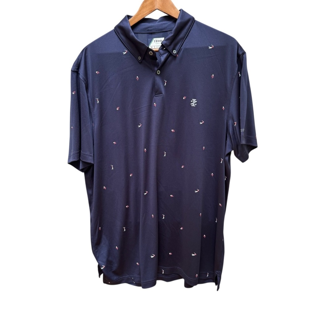 Izod Golf Polo Shirt Blue Golfer & Flags Patterned‎ Performance Wear Outdoor XL